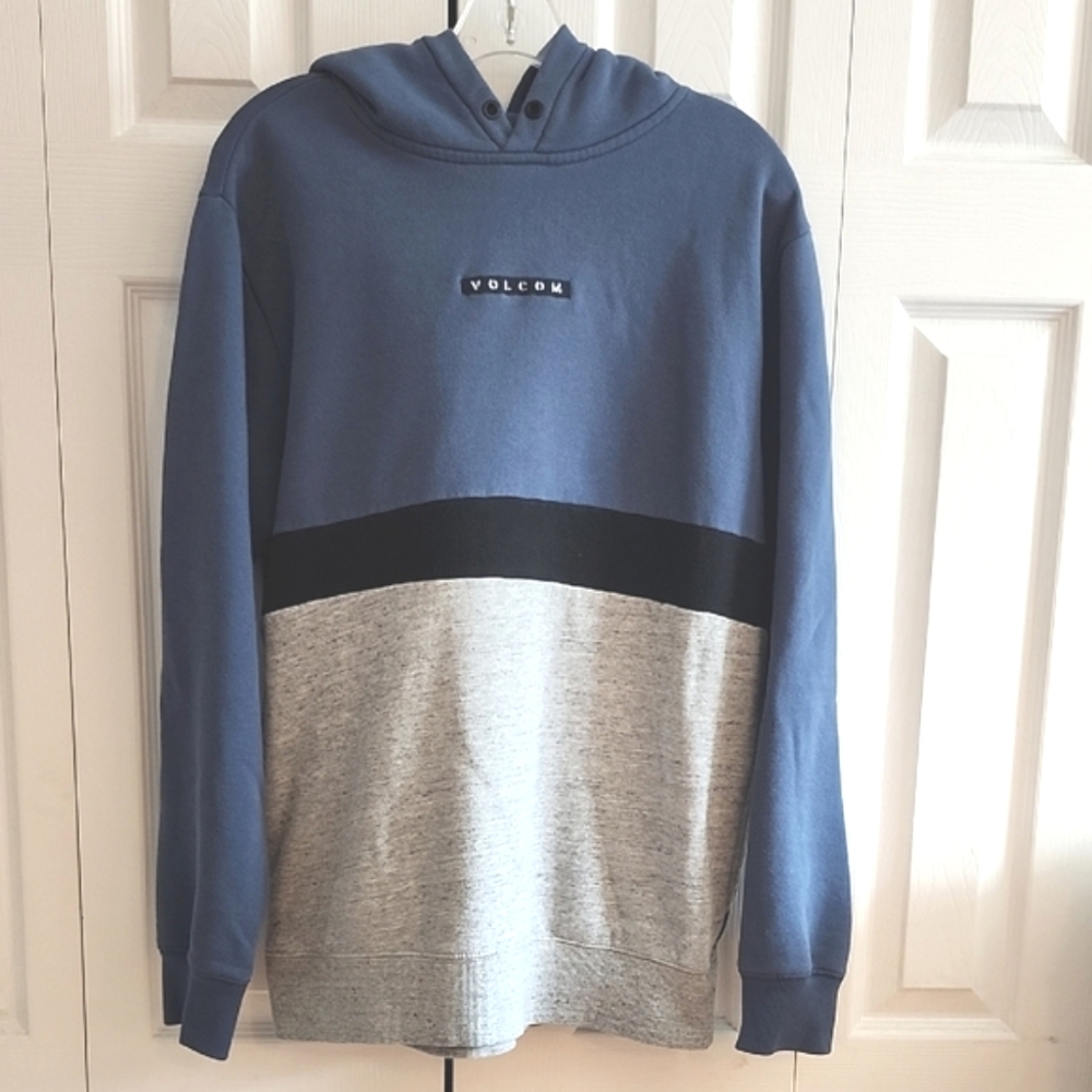 Volcom Blue and Gray Color Block Pullover Hoodie Casual Athleisure Activewear